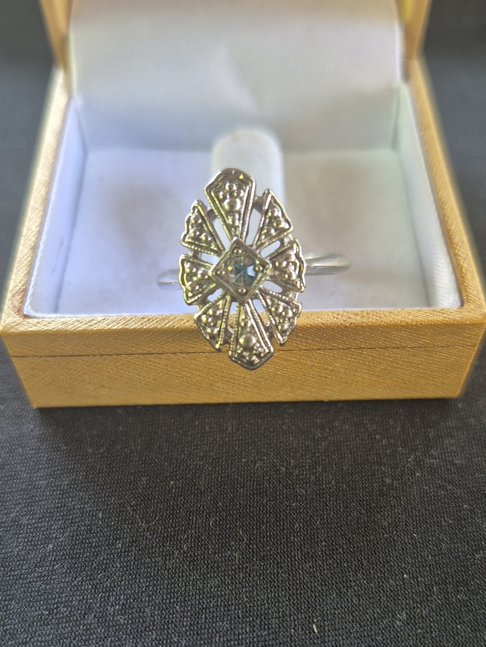 Vintage-Avon Chesterfield Silver Crystal Marcasite Art Deco Ring